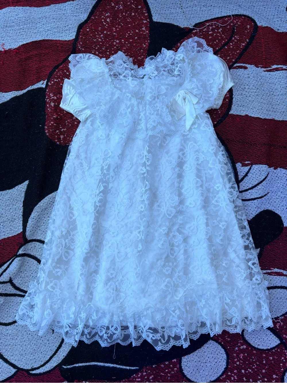 VTG UNION MADE WHITE LACE BOW ACCENT GIRLS DRESS SIZE 5/6? COMMUNION FLOWER GIRL